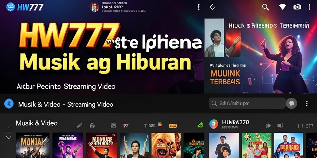 Antarmuka aplikasi HW777 menampilkan berbagai kategori video musik dan hiburan.