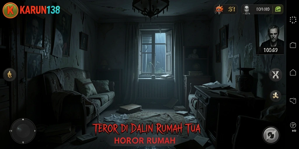 Tampilan antarmuka yang menegangkan di KARUN138 saat menjelajahi rumah angker.